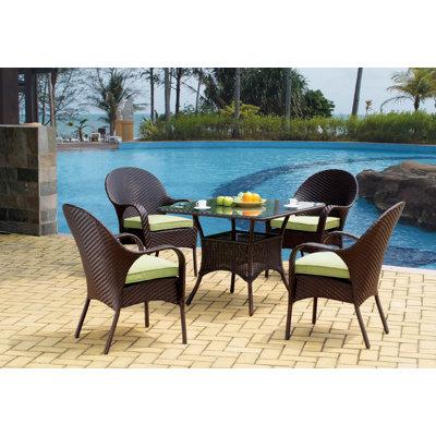 Winston Porter Emilia Square 5 - Person 38" Long Outdoor Dining Set w/ Cushions Glass/Wicker/Rattan in Brown | 37 H x 38 W x 38 D in | Wayfair