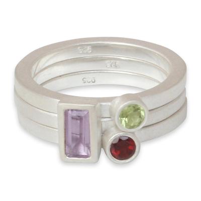 'Gemstone Geometry' (set of 3) - Unique Silver and Amethyst Stac