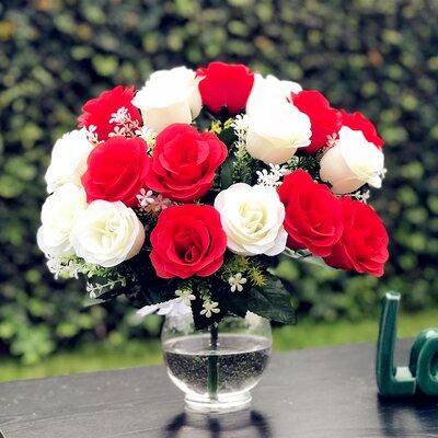 Charlton Home® Artificial & White Rose Floral Arrangement Fabric in Red | 15 H x 12 W x 10 D in | Wayfair 9EAB78A90338454DA7EAD973209BDBC4