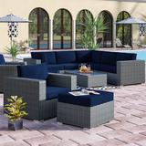 Wade Logan® Mucha 10 Piece Rattan Sunbrella Sectional Seating Group w/ Cushions Synthetic Wicker/Sunbrella Fabric Included/Wicker/Rattan in Blue