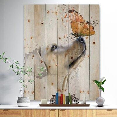 East Urban Home 'Golden Retriever Dog w/ Butterfly' Unframed Print on Wood in Gray/White | 46 H x 36 W x 0.78 D in | Wayfair