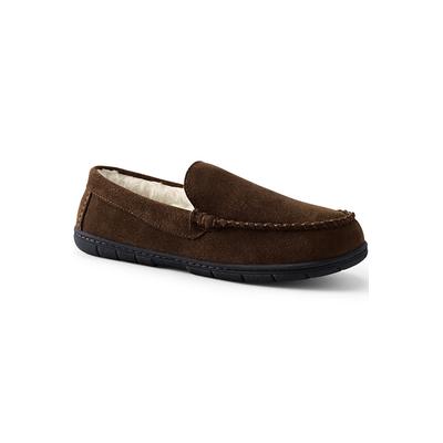 Men's Suede Leather Moccasin Slippers - Lands' End - Brown - 13