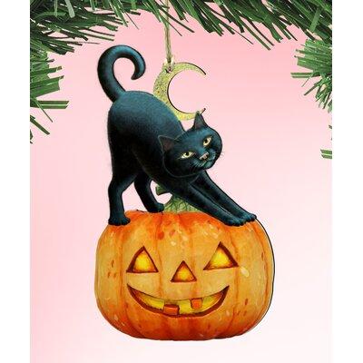 The Holiday Aisle® Spooky Pumpkin Halloween Cat Wooden Hanging Ornament Wood in Brown/Orange | 5.5 H x 5 W x 0.25 D in | Wayfair