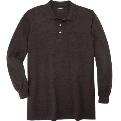 Men's Big & Tall Longer-Length Long-Sleeve Shrink-Less Piqué Polo by KingSize in Heather Charcoal (Size 5XL)