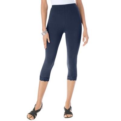 Plus Size Women's Lace-Trim Essential Stretch Capri Legging by Roaman's in Navy (Size 5X) Activewear Workout Yoga Pants