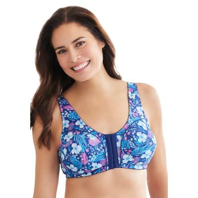 Plus Size Women's Cotton Front-Close Wireless Bra by Comfort Choice in Evening Blue Foliage (Size 52 G)
