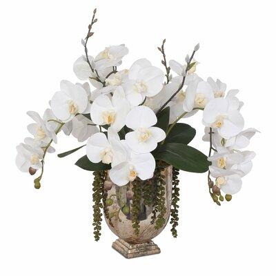 Jenny Silks Real Touch White Silk Phalaenopsis Orchids & Leaves w/ String Of Pearls Table Arrangement In Antique Gold Glass Vase Polysilk | Wayfair