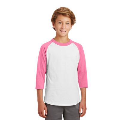 Sport-Tek YT200 Youth Colorblock Raglan Jersey T-Shirt in White/Bright Pink size Small | Cotton