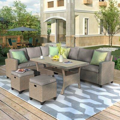 Dovecove Bartow 5 Pieces Rattan Sectional Seating Group w/ Cushions Synthetic Wicker/Metal/Wicker/Rattan/Rust - Resistant Metal in Brown | Wayfair