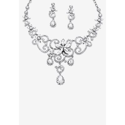 Plus Size Women's Silver Tone Swirl and Flower Bib Necklace and Bracelet Set, Crystal by PalmBeach Jewelry in Silver