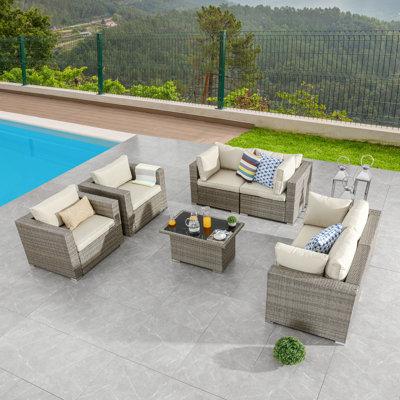Sol 72 Outdoor™ Wragby 7 Piece Rattan Sofa Seating Group w/ Cushions Synthetic Wicker/Wicker/Rattan in Brown/Gray | Wayfair
