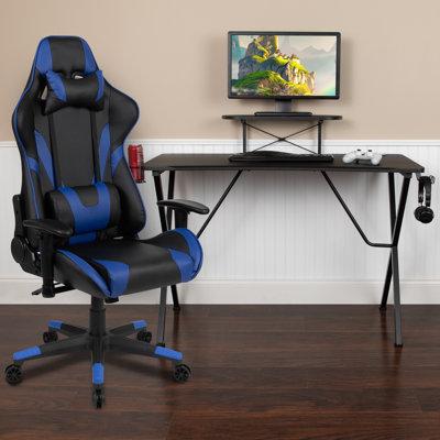 Ebern Designs Bridesdale Gaming Desk & Chair Set w/ Cup Holder, Headphone Hook, & Monitor Stand Wood/Metal in Blue/Black | Wayfair