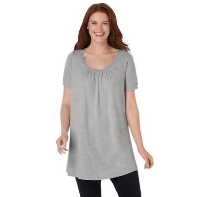 Plus Size Women's Perfect Short-Sleeve Shirred U-Neck Tunic by Woman Within in Medium Heather Grey (Size L)
