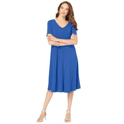 Plus Size Women's Ultrasmooth® Fabric V-Neck Swing Dress by Roaman's in True Blue (Size 30/32) Stretch Jersey Short Sleeve V-Neck