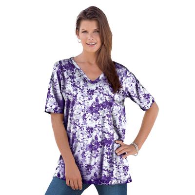 Plus Size Women's V-Neck Ultimate Tee by Roaman's in Midnight Violet Graphic Floral (Size M) 100% Cotton T-Shirt