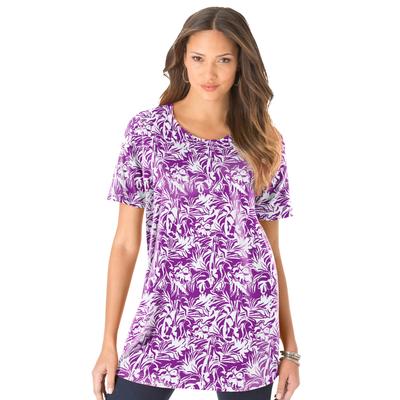 Plus Size Women's Crewneck Ultimate Tee by Roaman's in Purple Magenta Graphic Leaves (Size 1X) Shirt