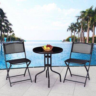Calorful 3 Pcs Outdoor Folding Bistro Table Chairs Set Glass/Metal in Black, Size 28.0 H x 24.0 W x 24.0 D in | Wayfair OP70446-SA