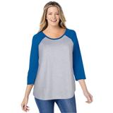 Plus Size Women's Three-Quarter Sleeve Baseball Tee by Woman Within in Heather Grey Bright Cobalt (Size L) Shirt