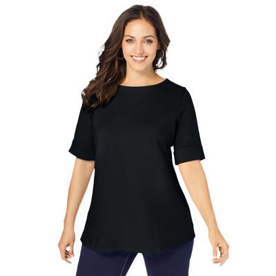 Plus Size Women's Stretch Cotton Cuff Tee by Jessica London in Black (Size 30/32) Short-Sleeve T-Shirt