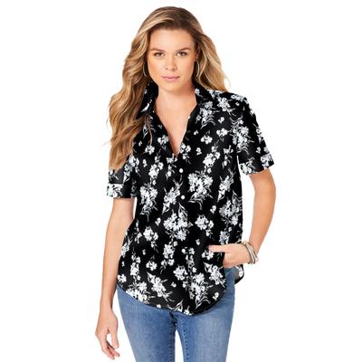 Plus Size Women's Short-Sleeve Kate Big Shirt by Roaman's in Black Flat Floral (Size 40 W) Button Down Shirt Blouse