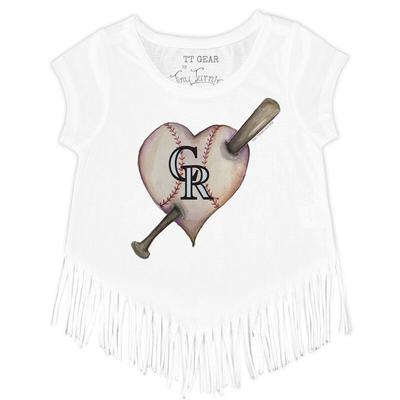 Girls Toddler Tiny Turnip White Colorado Rockies Heart Bat Fringe T-Shirt