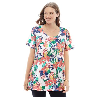 Plus Size Women's Perfect Printed Short-Sleeve Scoopneck Tee by Woman Within in White Multi Pretty Tropicana (Size M) Shirt