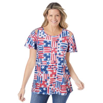 Plus Size Women's Lace-Detail Cold-Shoulder Tee by Woman Within in Americana Patchwork (Size 26/28) Shirt