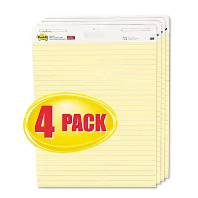 Post-It Self-Stick Easel Pads, Lined, 30 Sheets per Pad, Yellow, 4pk.