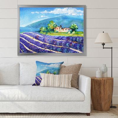 East Urban Home Beautiful Blooming Lavender Fields w/ House - Painting on Canvas Canvas, Cotton in Blue/Indigo | 25.5 H in | Wayfair