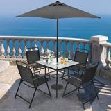 Arlmont & Co. Outdoor 6 Pieces Patio Dining Set w/ Umbrella Glass/Metal in Black | 34 W x 34 D in | Wayfair 34BB399DC7C5449EA69C8A224497D680