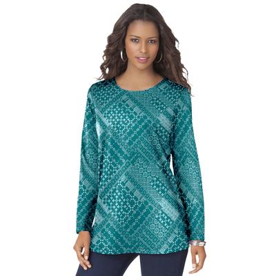 Plus Size Women's Long-Sleeve Crewneck Ultimate Tee by Roaman's in Tropical Teal Patchwork (Size 4X) Shirt