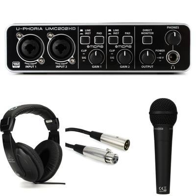 Behringer U-Phoria UMC202HD USB Audio with Dynamic Vocal Microphone and Headphones Bundle