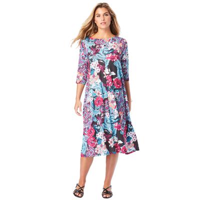 Plus Size Women's Ultrasmooth® Fabric Boatneck Swing Dress by Roaman's in Ocean Paisley Garden (Size 14/16) Stretch Jersey 3/4 Sleeve Dress