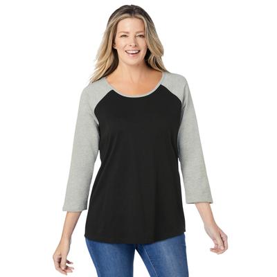 Plus Size Women's Three-Quarter Sleeve Baseball Tee by Woman Within in Black Heather Grey (Size L) Shirt
