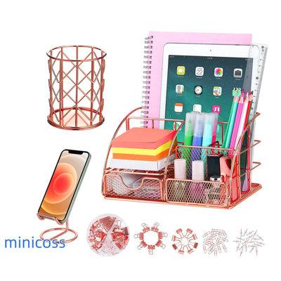 MINICOSS Office Supplies Organizer w/ Pen Holder, 72 Clips Set & Phone Stand, Metal Mesh Desktop Organizers w/ Drawer For Home, Office Metal in Pink