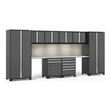 NewAge Products PRO 3.0 Series Grey 10-Piece Cabinet Set with Stainless Steel Top Slatwall and LED Lights