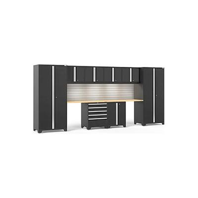 NewAge Products PRO 3.0 Series Black 10-Piece Cabinet Set with Bamboo Top Slatwall and LED Lights