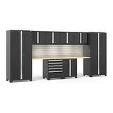 NewAge Products PRO 3.0 Series Black 10-Piece Cabinet Set with Bamboo Top Slatwall and LED Lights