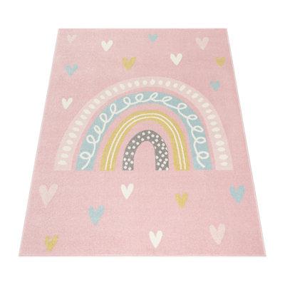 White 47 x 47 x 0.35 in Rug - Paco Home Rug w/ Rainbow & Hearts For Nursery In Pastel Colors | 47 H x 47 W x 0.35 D in | Wayfair 10-386-7-1#51