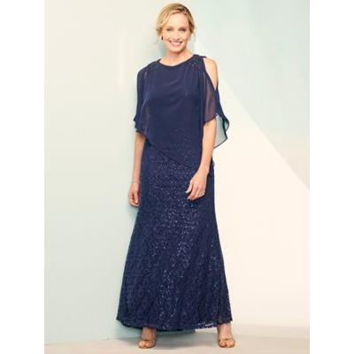 Women's Sequin Lace Dress With Chiffon Poncho, New Navy Blue 14 Misses