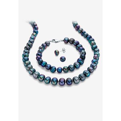 Women's Genuine Cultured Blue Pearl Silvertone Earring, Necklace And Bracelet Set 18" by PalmBeach Jewelry in Black Blue