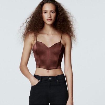 Zara Tops | New Zara Brown Satin Effect Corset Crop Top M | Color: Brown | Size: M