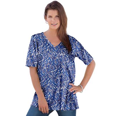 Plus Size Women's V-Neck Ultimate Tee by Roaman's in Blue Zebra Abstract (Size M) 100% Cotton T-Shirt