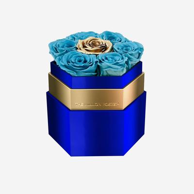 One In A Million™ Mirror Blue Hexagon Box | Light Blue & Gold Roses