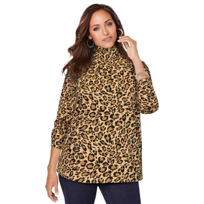 Plus Size Women's Long Sleeve Mockneck Tee by Jessica London in Natural Bold Leopard (Size 26 28) Mock Turtleneck T-Shirt