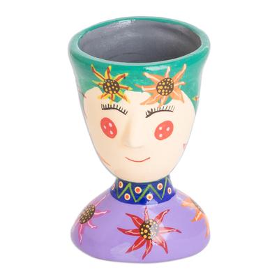 Flourishing Energy,'Painted Floral Purple and Green Ceramic Flower Pot (Small)'