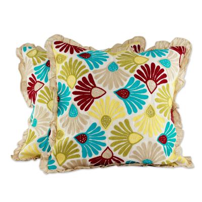 Embroidered cushion covers, 'Floral Delight' (pair)