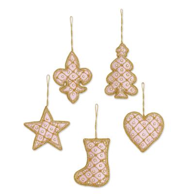 Golden Rose Holiday,'Set of Five Zari Embroidered Christmas Ornaments from India'