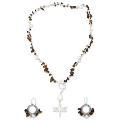 Precious Dragonfly,'Tiger's Eye and Cultured Pearl Jewelry Set'