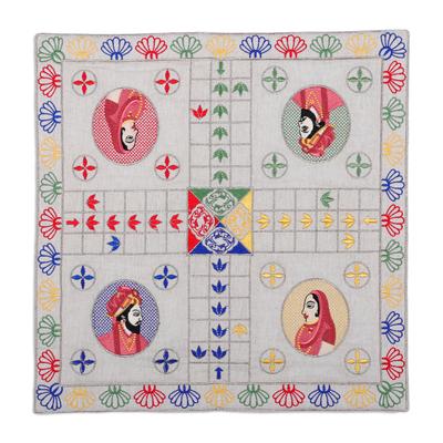 Game of Royals,'Traditional Embroidered Ecru Cotton Ludo Game from India'
